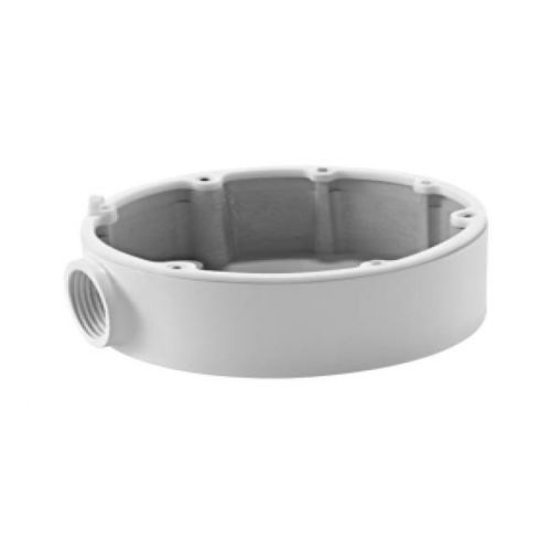 Runde, weiße Anschlussdose mit seitlicher Öffnung, die für Elektroinstallationen genutzt wird.