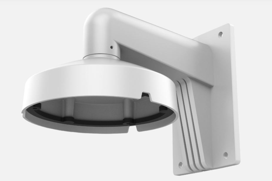 Eine weiße Kameramontagehalterung zur Wandbefestigung, geeignet für Überwachungskameras, bestehend aus einem gebogenen Arm und einer runden Basis.