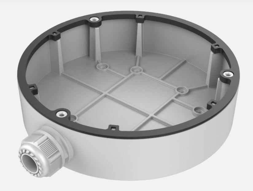 Runde, flache Montage-Dose aus Metall mit mehreren Löchern an der Unterseite und einem Kabeldurchgang seitlich.