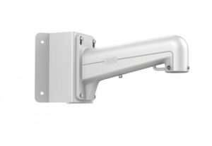 Silberne Wandmontagehalterung für Kameras, mit einem robusten, rechteckigen Grundelement und einem langen, abgewinkelten Arm.
