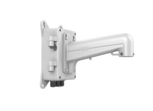 Weiße Wandhalterung aus Metall mit einem langen, nach vorne gerichteten Arm und mehreren Montagelöchern.