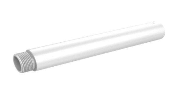 Weißes, zylindrisches Rohr mit Gewinde an einem Ende, vor einem neutralen Hintergrund.