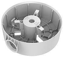 Weiße, runde Kunststoffdose mit zentralem zylindrischen Aufsatz und seitlichen Öffnungen, die zur Befestigung von Installationen dient.