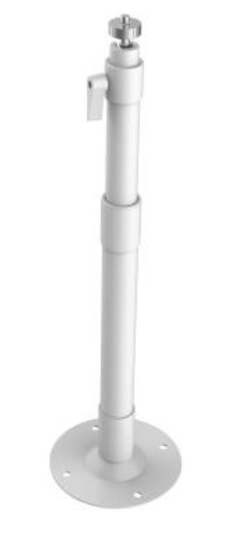 Ein weißer, teleskopierbarer Metallständer mit einem runden Standfuß und einem Befestigungsmechanismus an der Spitze.