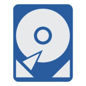 Symbol einer Festplatte mit einem blauen Hintergrund und grafischen Elementen.