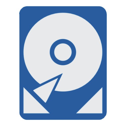 Symbol einer Festplatte in Blau und Grau, mit stilisiertem Scheibensymbol und Zeiger.