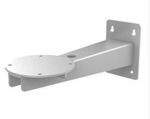 Graue Metallhalterung mit einer rechteckigen Wandplatte und einer runden Auflagefläche.