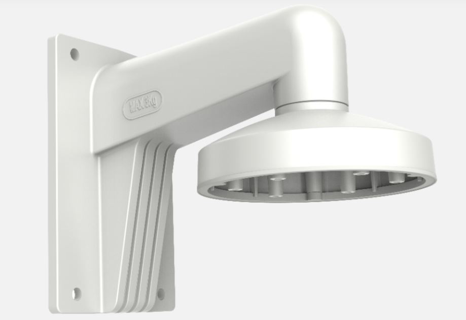 Eine weiße, wandmontierte Überwachungskamera-Halterung mit einem abgerundeten Kopf und einer Befestigungsplatte mit zwei Schraubenlöchern.