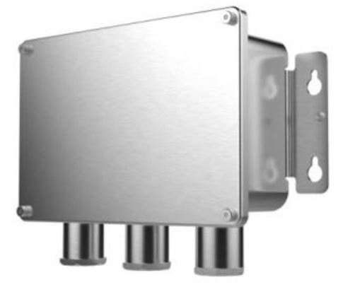 Metallene Anschlussdose mit drei zylindrischen Anschlüssen an der Unterseite, montiert auf einer Halterung.