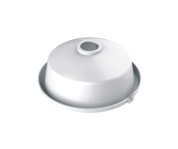 Weiße Mikrowellenabdeckung mit einem runden Loch an der Oberseite, geeignet zum Abdecken von Lebensmitteln in der Mikrowelle.