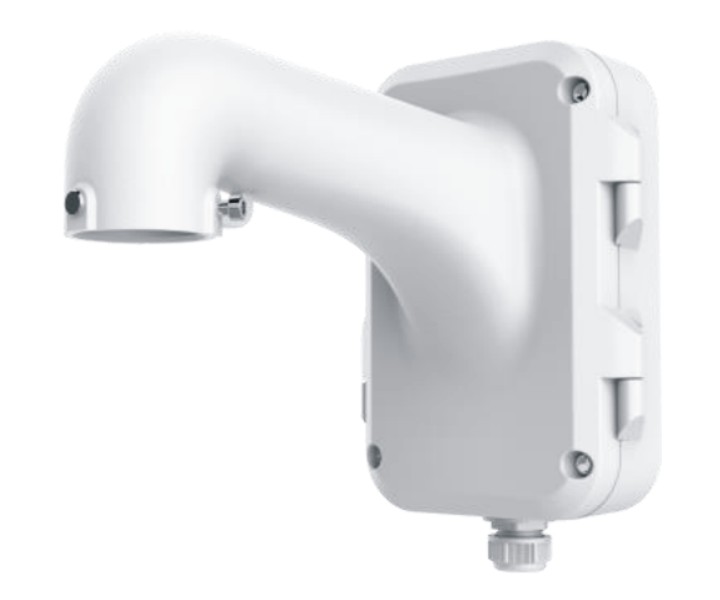 Weiße Wandhalterung mit abgerundetem, nach unten weisendem Arm, vermutlich für eine Überwachungskamera.