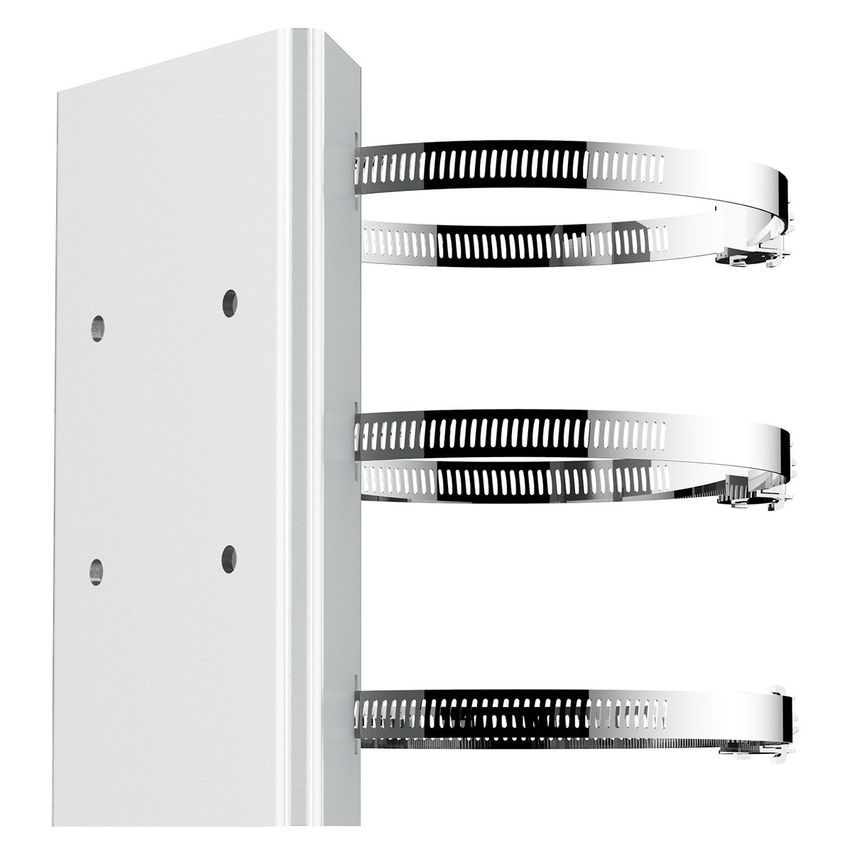 Ein weißes Metallprofil mit rechteckiger Grundfläche und vier Befestigungslöchern, an dem drei silberne Metallbänder zur Befestigung angebracht sind.