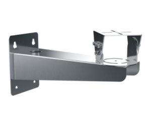 Metallische Wandhalterung mit Plattform für Montagezwecke, ausgestattet mit Schraubenlöchern.