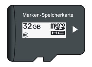 Eine MicroSDHC-Speicherkarte mit einer Kapazität von 32 GB, beschriftet mit 'Marken-Speicherkarte' und dem Geschwindigkeitsklasse-10-Symbol.