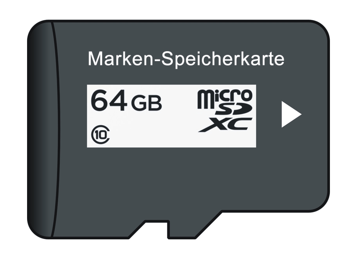 Eine graue MicroSDXC-Speicherkarte mit der Aufschrift "Marken-Speicherkarte" und einer Kapazität von 64 GB sowie der Geschwindigkeitsklasse 10.