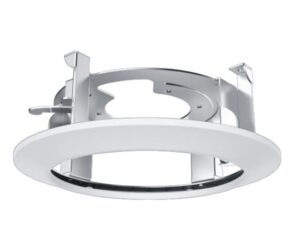 Ein rundes, weißes Deckenringelement aus Metall mit Halterungen, geeignet für Einbauleuchten oder Lautsprecher, in einem modernen Design.