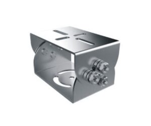 Ein metallisches Befestigungselement mit mehreren Schrauben und Schraubenlöchern, das zur Befestigung und Unterstützung von Strukturen verwendet werden kann.