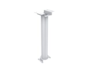 Eine weiße Metallstütze mit einer quadratischen Basis und einer U-förmigen oberen Halterung, die in einem minimalistischen Stil entworfen ist.