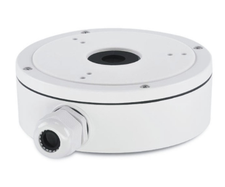 Ein weißer, runder Anschlusskasten mit mehreren Schraublöchern und einem Kabelanschluss an der Seite.