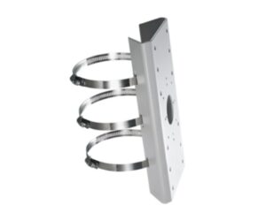 Eine silberne Metallhalterung, kombiniert mit drei runden Metallklemmen, die möglicherweise zum Befestigen an einem Pfahl oder einer Stange dienen könnte.