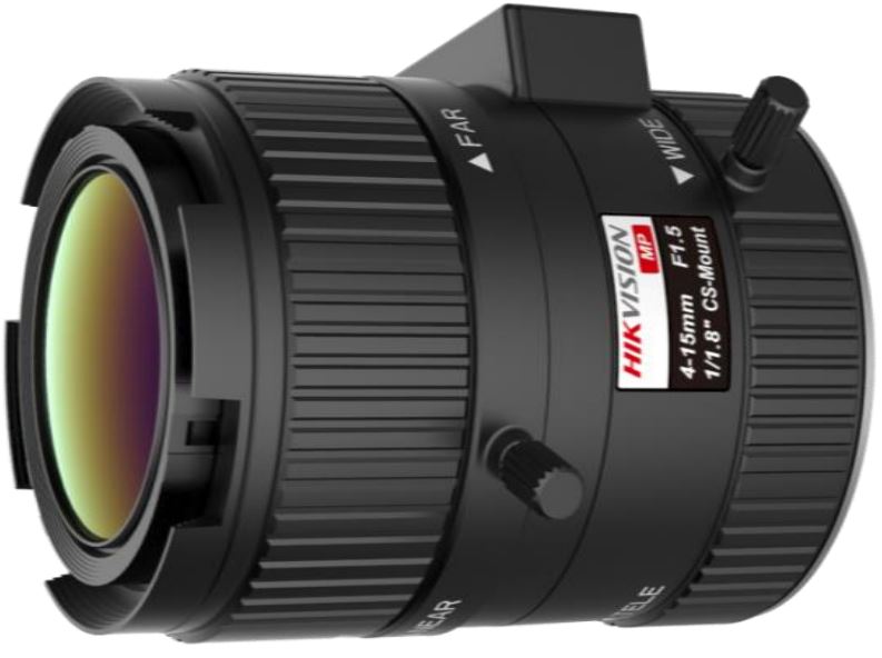 Nahaufnahme eines schwarzen Kameraobjektivs mit variabler Brennweite von 4-15 mm und Blende F1.5, beschrieben als Hikvision Objektiv mit einem CS-Mount.