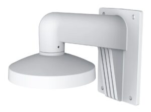Eine weiße, moderne Wandhalterung mit einem gebogenen Arm und kreisförmiger Halterungsfläche, geeignet zur Befestigung von Geräten oder Leuchten.