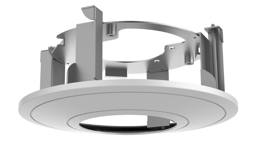 Eine runde, weiße Einbauhalterung mit Metallstreben für Deckenmontage, die von unten betrachtet wird.