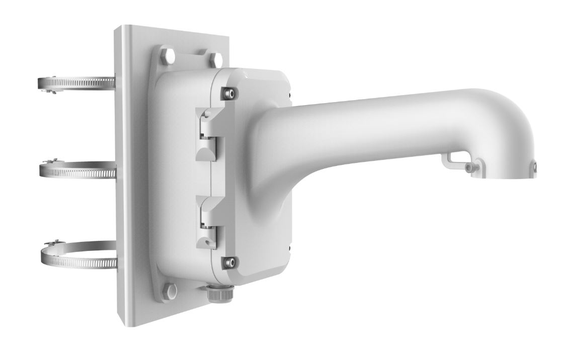 Grauer Wandhalterungshalter für Überwachungskameras mit Metallbändern zur Befestigung.