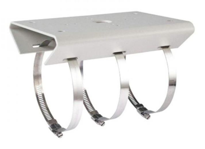 Eine weiße Halterung mit drei metallen Schellen zur Befestigung an einer Stange.