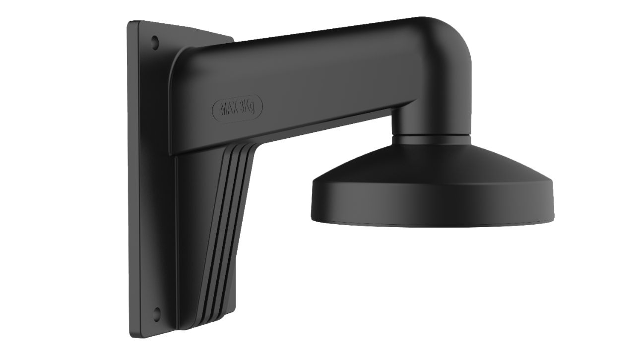 Schwarze, wandmontierte CCTV-Kamera-Halterung aus Kunststoff, die an einem Ende eine flache Platte mit Schraubenlöchern zur Befestigung an der Wand hat.