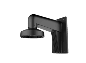 Schwarze Wandhalterung für eine Überwachungskamera mit einem gewinkelten Arm und runden Basisadapter.