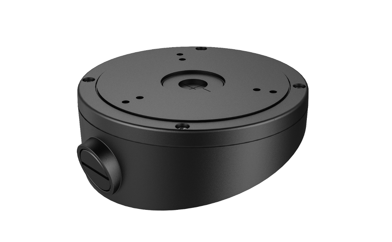 Ein schwarzes, rundes elektrisches Gehäuse mit mehreren Öffnungen auf der Oberseite und einer seitlichen Kabelverschraubung.