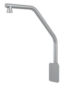 Metallischer Halterungsarm mit abgewinkeltem Design und Befestigungsplatte am unteren Ende, geeignet für Montageanwendungen.