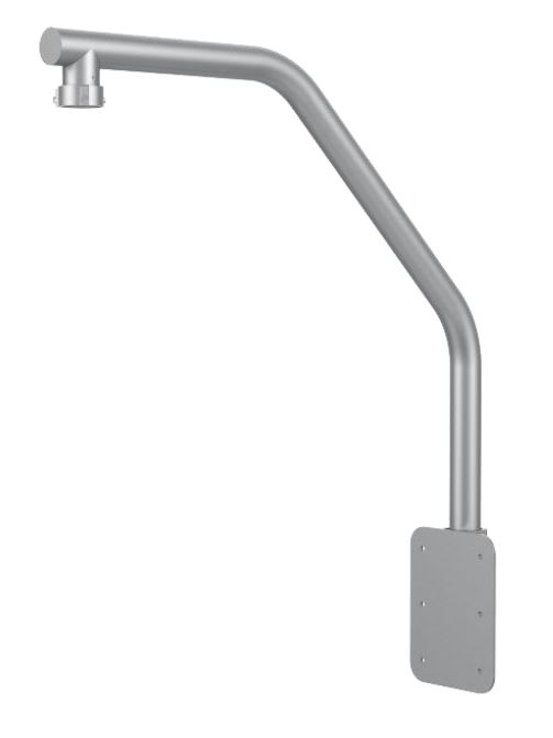 Metallischer Halterungsarm mit abgewinkeltem Design und Befestigungsplatte am unteren Ende, geeignet für Montageanwendungen.