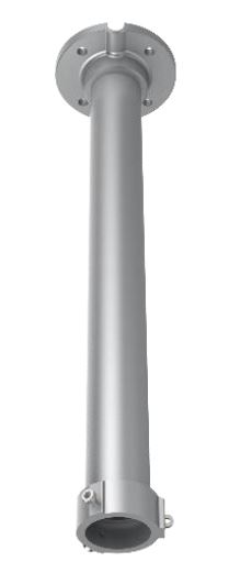 Ein silbernes Rohr mit einer runden Befestigungsplatte am oberen Ende und einer offenen Öffnung am unteren Ende.