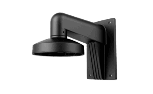 Schwarze Wandhalterung für eine Überwachungskamera mit einem runden, flachen Kopf und einem abgewinkelten Arm zur Befestigung an der Wand.