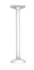 Eine weiße Deckenhalterung mit einem zylindrischen Stab, der zwischen zwei runden Befestigungsplatten verläuft.