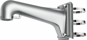 Eine silberne Wandhalterung aus Metall mit einem gebogenen Arm, an dem seitlich Ringschlaufen angebracht sind.