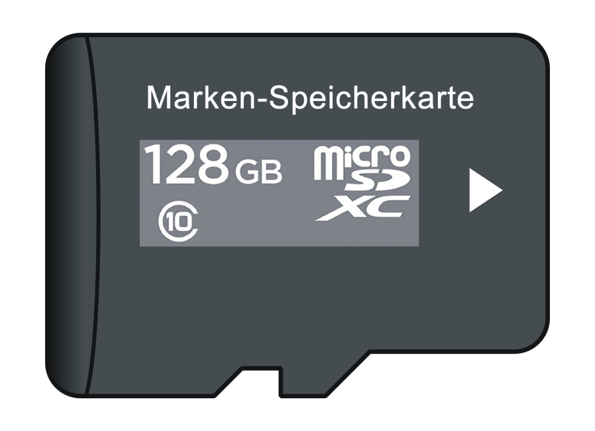 Eine MicroSDXC Speicherkarte mit 128 GB Kapazität und Klasse 10 Geschwindigkeit, bezeichnet als Marken-Speicherkarte.