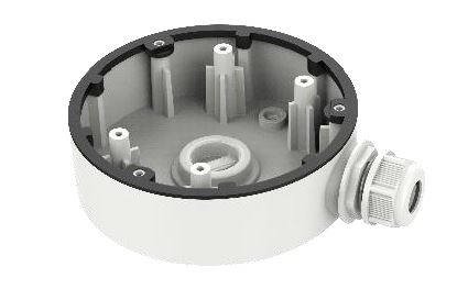 Weiße runde Anschlussdose mit mehreren Befestigungspunkten und einer Kabelverschraubung an der Seite.