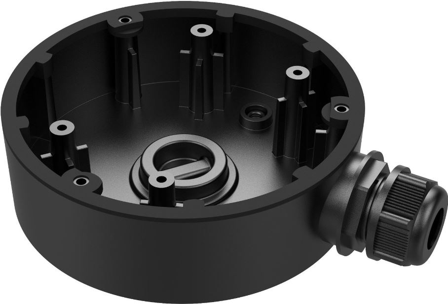 Schwarze runde Anschlussdose mit mehreren Wandhaltern und einer Kabeldurchführung an der Seite.