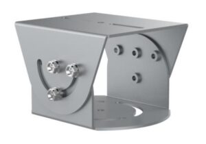 Eine silberne Metallhalterung mit mehreren Schrauben und Bohrlöchern, die aus zwei verzahnten rechteckigen Platten besteht, die durch gebogene Seiten miteinander verbunden sind.