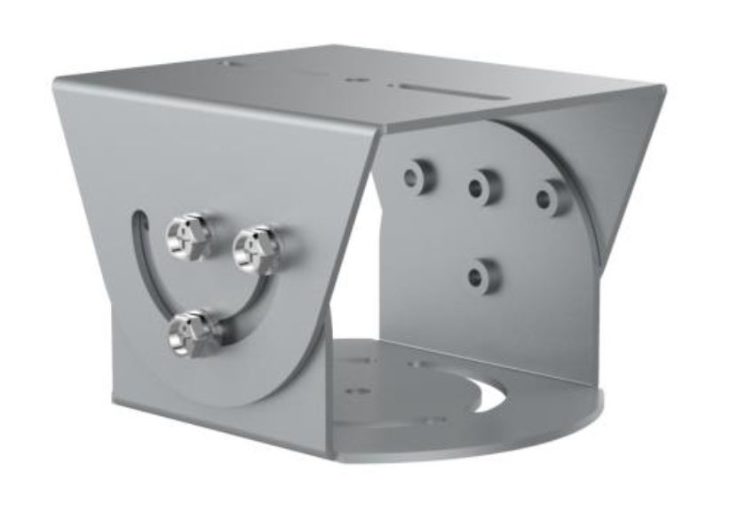 Eine silberne Metallhalterung mit mehreren Schrauben und Bohrlöchern, die aus zwei verzahnten rechteckigen Platten besteht, die durch gebogene Seiten miteinander verbunden sind.