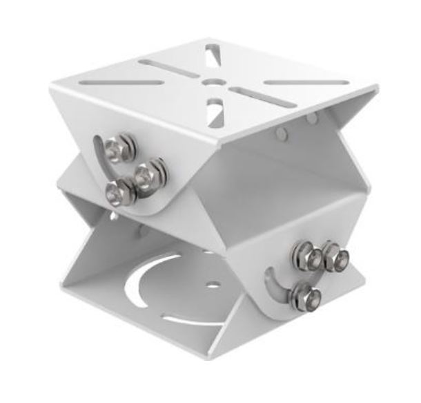 Ein weißes, kubisches Montageobjekt aus Metall mit mehreren Schrauben und Bolzen, geeignet zur Befestigung oder Verbindung von Komponenten.