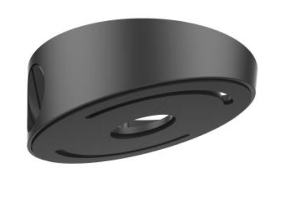 Schwarzes, ovales Kunststoffteil mit einer Aussparung in der Mitte, wahrscheinlich ein Montagemodul oder Adapter, vor einem weißen Hintergrund.