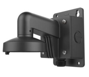 Schwarze Wandhalterung für eine Außenkamera mit einem abgerundeten Arm und Schraubmontage.