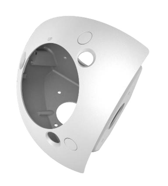 Weiße, dreieckige Kunststoffhalterung mit mehreren Öffnungen und einem großen zentralen Loch, beschriftet mit 'UP'.