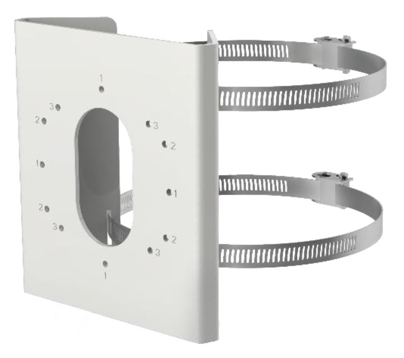 Metallhalterung mit rechteckiger Frontplatte und ovalem Ausschnitt, ausgestattet mit zwei verstellbaren Bandschellen zur Montage.