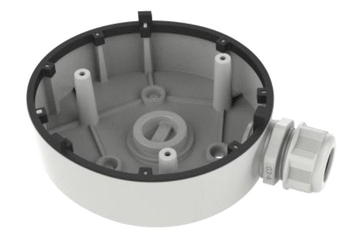 Runde, graue Montagebox mit mehreren inneren Befestigungspunkten und einem Kabelanschluss an der Seite.