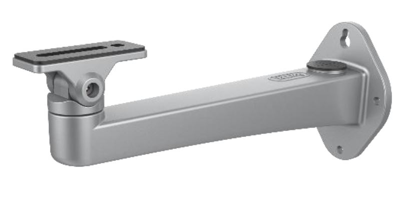 Grauer, länglicher Wandarm mit einstellbarem Gelenk und flacher Halterung.